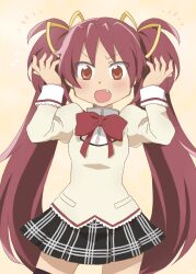  alternate_costume alternate_hairstyle alternate_headwear arms_up black_thighhighs blush bow commentary_request female hair_ribbon hands_in_hair hashibiro long_hair mahou_shoujo_madoka_magica mahou_shoujo_madoka_magica_(anime) mitakihara_school_uniform oerba_yun_fang official_style open_mouth red_eyes red_hair ribbon sakura_kyoko school_uniform shirt skirt solo thighhighs twintails zettai_ryouiki 