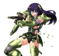  bandages blood breasts butter-t casing_ejection commentary english_commentary eyepatch female gun gundam humanization injury large_breasts long_hair mecha_musume mobile_suit_gundam open_mouth photoshop_(medium) purple_eyes purple_hair scrape shell_casing shiny_skin simple_background solo tears torn_clothes underboob weapon zaku_ii_f/j 