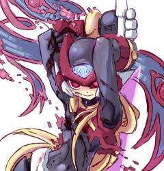  1boy android armor blonde_hair blood commentary_request dark_elf_(mega_man) energy_blade helmet injury joints male_focus mega_man_(series) mega_man_zero_(series) mega_man_zero_3 nasu_(roda_de_estrela) omega_(mega_man) omega_symbol red_eyes robot_joints solo torn_clothes z_saber 