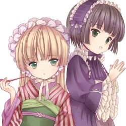  2girls :d :o amano_sakuya black_hair blonde_hair commentary_request cosplay costume_switch creator_connection crossover dress frills gosick gothic_lolita green_eyes hairband ikoku_meiro_no_croisee japanese_clothes kimono kiseru lolita_fashion long_hair looking_away multiple_girls open_mouth photoshop_(medium) short_hair smile smoking_pipe tabi very_long_hair victorica_de_blois yune_(ikoku_meiro_no_croisee) 