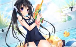  7gear black_hair blush character_name female goggles goggles_on_head hatachi highres holding hotchkiss innertube long_hair looking_at_viewer official_art official_wallpaper one-piece_swimsuit photoshop_(medium) pool purple_eyes rubber_duck school_swimsuit smile solo sumiyoshi_nana swim_ring swimsuit translated twintails water water_gun 