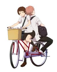  1boy back-to-back bag basket bicycle bicycle_basket black_legwear black_pants black_skirt blouse brown_eyes brown_hair closed_eyes commentary_request couple female frown full_body habuki kneehighs konno_makoto leaning_back light_frown loafers mamiya_chiaki multiple_riders orange_hair pants red_eyes riding riding_bicycle school_bag school_uniform shirt shoes short_hair short_sleeves shoulder_bag simple_background skirt socks straight toki_wo_kakeru_shoujo white_background white_shirt 