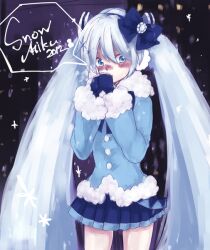  ayadaifuku bad_id bad_pixiv_id blue_eyes blue_hair blush bow drinking female gloves hairbow hatsune_miku long_hair looking_at_viewer skirt snow solo twintails very_long_hair vocaloid yuki_miku yuki_miku_(2012) 