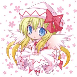  blonde_hair blue_eyes bow chibi commentary_request dress female hat komakoma_(magicaltale) lily_white long_hair open_mouth photoshop_(medium) smile solo touhou very_long_hair wings 