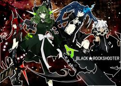  4girls bikini bikini_top_only black_gold_saw black_rock_shooter black_rock_shooter_(character) black_shorts blue_eyes blue_hair commentary_request dead_master flaming_eye green_hair horns icicle_(focc) king_saw long_hair mechanical_arms midriff multiple_girls navel no_shirt pale_skin red_hair scythe short_hair shorts single_mechanical_arm smile strength_(black_rock_shooter) swimsuit sword twintails weapon white_hair yellow_eyes 