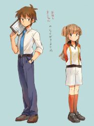  1boy ahoge bad_id bad_pixiv_id brown_eyes brown_hair female handa_shin&#039;ichi inazuma_eleven inazuma_eleven_(series) inazuma_eleven_go jacket kisaragi_mako kneehighs long_hair nona_(831korokke) soccer_uniform socks sportswear track_suit twintails two_side_up 