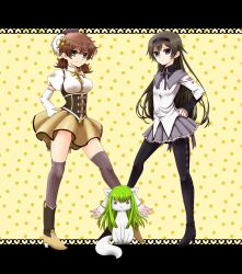  2girls :3 aji_paba akemi_homura akemi_homura_(cosplay) akemi_homura_(magical_girl) bad_id bad_pixiv_id breasts brown_hair c.c. c.c._(cosplay) code_geass cosplay genderswap_(mtf) green_eyes green_hair hand_on_own_hip highres kururugi_suzaku kyuubee lelouch_vi_britannia letterboxed long_hair luluko magical_girl mahou_shoujo_madoka_magica mahou_shoujo_madoka_magica_(anime) medium_breasts multiple_girls pantyhose purple_eyes rule_63 short_hair smile suzako thighhighs tomoe_mami tomoe_mami_(cosplay) tomoe_mami_(magical_girl) yellow_eyes 