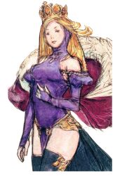  archived_source bad_id bad_link bare_shoulders black_thighhighs blonde_hair breasts bridal_gauntlets crown elbow_gloves empress female gloves halterneck long_hair looking_at_viewer medium_breasts simple_background solo tactics_ogre tarot tarot_(card) thighhighs white_background yoshida_akihiko 