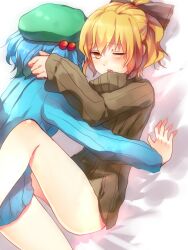  2girls bad_id bad_pixiv_id bare_legs blonde_hair blue_hair blush bottomless bow hair_bobbles hair_ornament hairbow hat kawashiro_nitori kurodani_yamame meronpanna_(mikoniito) multiple_girls naked_sweater no_pants one_eye_closed ponytail ribbed_sweater sweater touhou two_side_up yellow_eyes yuri 