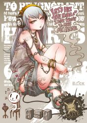  :3 blush bracelet cigarette commentary_request cup drinking_glass english_text female grey_hair grey_shorts headphones high_heels highres jewelry long_hair musical_note open_mouth original photoshop_(medium) project.c.k. shoes shorts smoke solo speaker tattoo wine_glass 