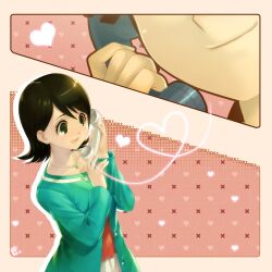  1boy blush cardigan commentary_request dress erian female green_eyes green_hair heart highres ichinose_kazuya inazuma_eleven inazuma_eleven_(series) inazuma_eleven_go jewelry kino_aki necklace phone photoshop_(medium) short_hair smile 