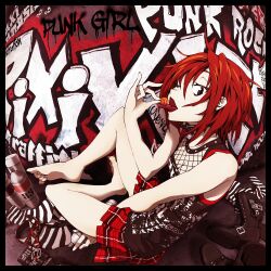  barefoot belt black_border boots border brown_eyes candy commentary_request eating english_text female fishnets food graffiti highres licking lollipop microphone one_eye_closed original pixiv_punk_and_rock plaid plaid_skirt punk red_hair revision short_hair sitting skirt socks solo spray_can spray_paint striped tongue tsukuba_masahiro unworn_boots unworn_legwear 