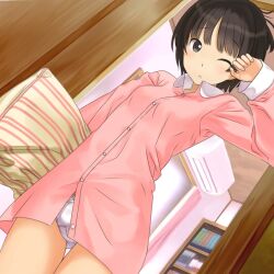  :&lt; ;&lt; amagami bookshelf brown_eyes brown_hair buntan commentary dutch_angle female from_below indoors no_pants one_eye_closed pajamas panties pillow short_hair solo tachibana_miya underwear 