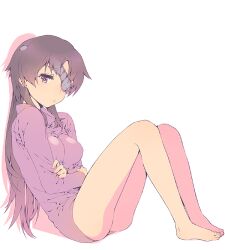  barefoot commentary_request crossed_arms dsmile eyepatch female full_body long_hair mirai_nikki photoshop_(medium) pout purple_eyes purple_hair sidelocks simple_background sitting solo uryuu_minene white_background 