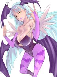  animal_print aqua_hair bad_id bad_pixiv_id bat_print breasts cleavage demon_wings dodai_shouji female head_wings huge_breasts long_hair morrigan_aensland pantyhose print_pantyhose purple_wings smile solo vampire_(game) very_long_hair wings yellow_eyes 