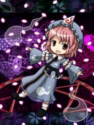  bad_id bad_pixiv_id brown_eyes danmaku dress female ghost grey_kimono hat japanese_clothes kimono open_mouth pink_hair saigyouji_yuyuko short_hair smile solo touhou triangular_headpiece ys_(fall) 