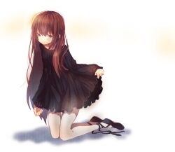  ballet_slippers black_dress brown_hair clothes_lift commentary_request dress female footwear_ribbon grey_eyes grey_pantyhose kneeling long_hair miya_(tsumazukanai) original pantyhose shadow simple_background skirt skirt_lift solo strap very_long_hair 