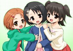  3girls :d akagi_miria black_eyes black_hair brown_eyes brown_hair cardigan commentary_request dress girl_sandwich hair_ornament hairclip hand_on_another&#039;s_shoulder idolmaster idolmaster_cinderella_girls lolicon marugoshi_(54burger) multiple_girls open_mouth rabbit_hair_ornament ryuzaki_kaoru sandwiched sasaki_chie short_hair smile two_side_up 