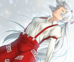  bad_id bad_pixiv_id breasts closed_eyes dress_shirt dutch_angle female fujiwara_no_mokou jenevan long_hair medium_breasts shirt solo suspenders touhou very_long_hair white_hair 