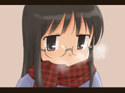  black_eyes black_hair breath commentary_request female glasses letterboxed long_hair minakami_mai nichijou plaid plaid_scarf portrait red_scarf scarf solo tomboo 