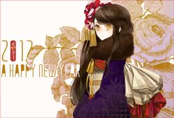  2012 bad_id bad_pixiv_id black_hair border braid english_text female floral_print flower fur hair_flower hair_ornament happy_new_year japanese_clothes kimono long_hair new_year obi original sash solo stole tassel unmoving_pattern upper_body yellow_eyes yua_(tick-tack) 