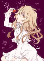  black_rock_shooter blonde_hair commentary_request female food izuriha_kagari long_hair macaron nuka_(nukamochi) solo tongue tongue_out wavy_hair yellow_eyes 