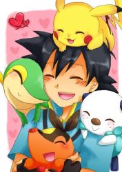  1boy black_hair blue_shirt blush blush_stickers boy carry carrying closed_eyes fingerless_gloves gloves green_skin happy heart hug lolicon male male_focus oshawott perch pikachu pokemon red_nose satoshi_(pokemon) shirt smile snivy snout solo tail tepig zipper 