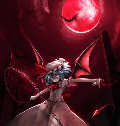  bat_(animal) bat_wings blood blue_hair chains commentary_request cup female flandre_scarlet full_moon grin hat highres miserable_fate moon night photoshop_(medium) red_eyes red_moon remilia_scarlet rokusai short_hair smile solo touhou wings 