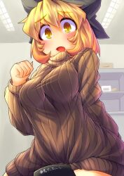  blonde_hair blush bottomless bow breasts commentary_request female fun_bo hairbow kurodani_yamame large_breasts naked_sweater no_pants open_mouth ribbed_sweater riding_machine solo sweater touhou yellow_eyes 