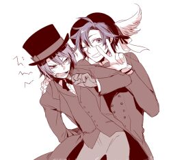  2boys alternate_costume anger_vein annoyed arm_behind_back bad_id bad_pixiv_id blue_eyes blue_hair bow bowtie brothers clenched_hand damurushi fangs formal gloves grin hair_between_eyes hair_intakes hand_on_another&#039;s_shoulder hat hat_bow hat_feather hatoful_kareshi jacket leaning leaning_forward looking_at_viewer male_focus multiple_boys muted_color one_eye_closed open_clothes open_jacket pale_skin pants personification sakazaki_yuuya sakuya_le_bel_shirogane siblings simple_background smile suit sweat teeth top_hat traditional_bowtie v white_background 