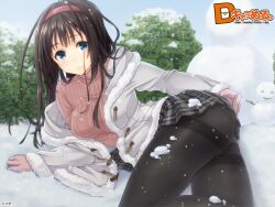  aqua_eyes ass black_pantyhose courreges_ace dmm female gloves hairband highres hood hooded_jacket jacket long_hair looking_at_viewer lying miniskirt off_shoulder on_side original panties panties_under_pantyhose pantyhose plaid plaid_skirt pleated_skirt skirt snow snowing snowman solo sweatdrop sweater thighband_pantyhose turtleneck underwear white_panties 