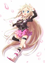  asymmetrical_legwear ayakashi_(monkeypanch) bad_id bad_pixiv_id bare_shoulders blonde_hair blue_eyes boots braid choker female full_body highres ia_(vocaloid) long_hair looking_at_viewer open_mouth petals pleated_skirt simple_background single_sock single_thighhigh skirt smile socks solo striped_clothes striped_socks thigh_strap thighhighs twin_braids uneven_legwear very_long_hair vocaloid white_background 