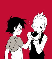  2boys bad_id bad_pixiv_id black_hair blush bow bowtie cilan_(pokemon) heart hood hoodie kissing kissing_hand male_focus monochrome multiple_boys ochappa one_eye_closed pink_background pokemon pokemon_(anime) pokemon_bw_(anime) satoshi_(pokemon) surprised sweatdrop traditional_bowtie vest yaoi 