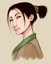  androgynous black_hair commentary_request eyebrows fa_mulan_(disney) female grey_background hair_up light_smile mulan portrait reverse_trap ryna_(merry-xmas) simple_background solo 