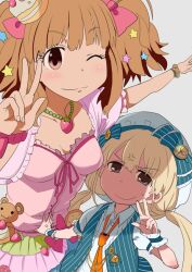  2girls :3 anger_vein beret blonde_hair bow bracelet brown_eyes brown_hair chiyomi collarbone commentary_request cropped_jacket dress food foreshortening fruit futaba_anzu grey_background grey_eyes hair_ornament hairbow happy hat hat_bow height_difference idolmaster idolmaster_cinderella_girls jewelry medal moroboshi_kirari multiple_girls necklace necktie one_eye_closed pink_dress puffy_sleeves short_twintails simple_background star_(symbol) star_hair_ornament strawberry striped twintails v vertical_stripes vest wrist_cuffs 