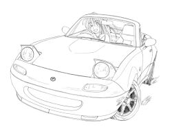  car commentary_request convertible driving female greyscale line_art long_hair mazda mazda_mx-5 mazda_mx-5_na monochrome motor_vehicle one_eye_closed photoshop_(medium) pop-up_headlights right-hand_drive smile sports_car vehicle_focus watanabe_(yellow_comet_ap1) 