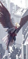  bird_tail blonde_hair building cindy_o&#039;brien cityscape commentary_request female flying jacket new_york_city original pantyhose photoshop_(medium) real_world_location rockefeller_center seo_tatsuya short_hair short_ponytail skirt skyscraper solo steam tail wings 