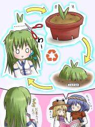  3girls ahoge arrow_(symbol) asexual_reproduction bad_id bad_pixiv_id blonde_hair blue_hair book cycle detached_sleeves flower_pot green_hair hair_ornament hat highres kochiya_sanae long_hair moriya_suwako multiple_girls o_o pot recycling_symbol rugoru scissors short_hair snake sprout touhou translation_request yasaka_kanako 