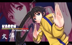  ahoge araragi_karen bad_id bad_pixiv_id black_hair brown_eyes female fighting_stance hood hooded_track_jacket hoodie jacket letterboxed long_hair masamuuu monogatari_(series) nisemonogatari photoshop_(medium) side_ponytail smile solo track_jacket zoom_layer 