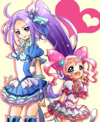  2girls alternate_universe blue_eyes blue_skirt bow brooch cat_tail choker commentary_request cone_hair_bun cure_beat cure_humming double_bun dress frills hair_bun hair_ornament hairpin haori_(ki-na-ri) happy heart height_difference high_ponytail hummy_(suite_precure) jewelry kurokawa_eren long_hair magical_girl multiple_girls no_choker original paw_pose personification pink_bow pink_choker pink_hair ponytail precure purple_hair seiren_(suite_precure) short_hair skirt smile suite_precure tail twintails unofficial_precure_costume wide_ponytail wrist_cuffs yellow_eyes 