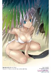  aqua_eyes arched_back bare_legs bare_shoulders barefoot bikini bomi breasts cleavage coconut female grey_hair hair_bun highres knife kukri large_breasts legs open_mouth original short_hair side-tie_bikini_bottom single_hair_bun solo squatting swimsuit untied_bikini weapon white_bikini 