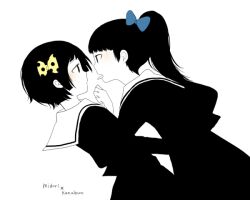  2girls ayu_(mog) bad_id bad_pixiv_id black_hair leaning long_hair monochrome multiple_girls open_mouth original school_uniform short_hair skirt tongue 