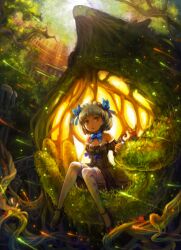  bare_shoulders commentary_request female grey_hair hair_ribbon lights matsumoto_mitsuaki nature original photoshop_(medium) plant ribbon ruins short_hair sitting thighhighs 