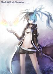  belt bikini bikini_top_only black_hair black_rock_shooter black_rock_shooter_(character) black_shorts blue_eyes blue_fire chinese_commentary commentary_request female fire gloves hood hoodie long_hair madyy navel no_shirt photoshop_(medium) shorts solo swimsuit twintails 