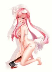  :d absurdres animal_ears axe bad_id bad_pixiv_id barefoot blood bra breasts cleavage feet female gasai_yuno hatchet_(axe) highres kemonomimi_mode kneeling letta lingerie long_hair looking_at_viewer medium_breasts mirai_nikki navel open_mouth panties pink_eyes pink_hair polka_dot polka_dot_bra smile solo tail underwear underwear_only weapon 