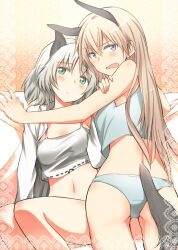  2girls animal_ears blue_eyes blue_panties bra brown_hair cat_ears cat_girl commentary_request eila_ilmatar_juutilainen fox_ears fox_girl fox_tail green_eyes lingerie long_hair multiple_girls panties sanya_v._litvyak short_hair strike_witches tail tank_top tsuchii_(ramakifrau) underwear underwear_only white_bra white_hair world_witches_series 