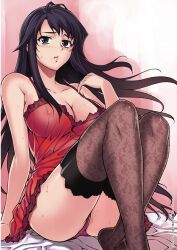  bare_shoulders black_hair black_thighhighs blush breasts chemise cleavage covered_nipples female floral_print hae-young_na highres lace lace-trimmed_legwear lace_trim large_breasts lips long_hair official_art panties purple_eyes purple_panties sitting solo soo-hyon_lee sweat thighhighs unbalance_unbalance underwear 