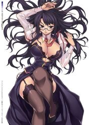  black_bra black_hair black_panties black_thighhighs bra breasts cleavage female garter_straps glasses hae-young_na high_heels highres lace lace-trimmed_legwear lace_trim large_breasts lingerie lips long_hair looking_at_viewer narrow_waist necktie panties pointer puffy_sleeves purple_eyes shoes solo soo-hyon_lee thighhighs unbalance_unbalance underwear wand 