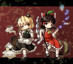  2girls :t animal_ears ascot bakedanuki_(touhou) blonde_hair bow braid brown_eyes brown_hair commentary_request cosplay detached_sleeves dress futatsuiwa_mamizou gohei hair_tubes hairbow hakurei_reimu hakurei_reimu_(cosplay) kirisame_marisa kirisame_marisa_(cosplay) leaf leaf_on_head letterboxed multiple_girls ofuda raccoon_ears raccoon_tail short_hair side_braid skirt smile tail touhou ys_(fall) 