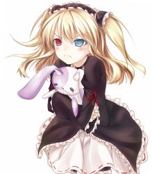  blonde_hair blue_eyes blush boku_wa_tomodachi_ga_sukunai cofi_(eternal) commentary_request female frown hairband hasegawa_kobato heterochromia lolita_hairband long_hair red_eyes solo stuffed_animal stuffed_rabbit stuffed_toy tears two_side_up 